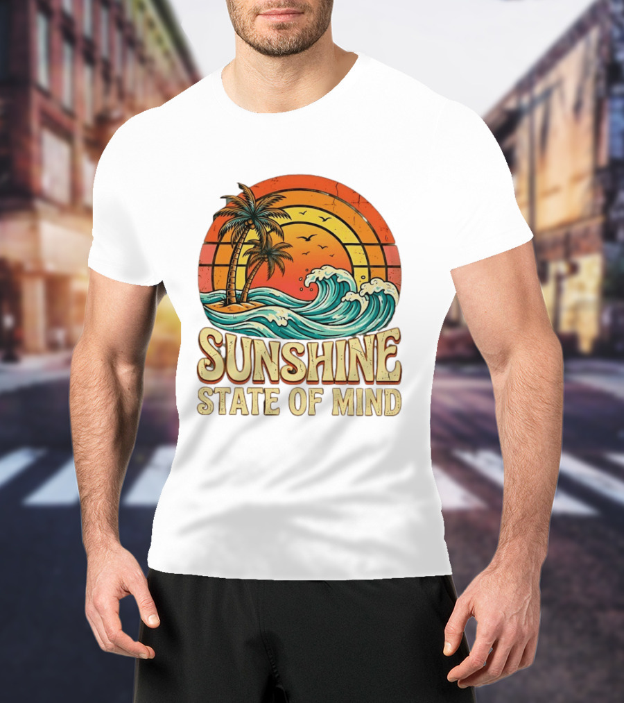 Sunshine State Of Mind Palm Trees Crashing Waves Sunset T-Shirt