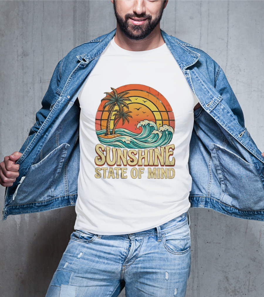 Sunshine State Of Mind Palm Trees Crashing Waves Sunset T-Shirt