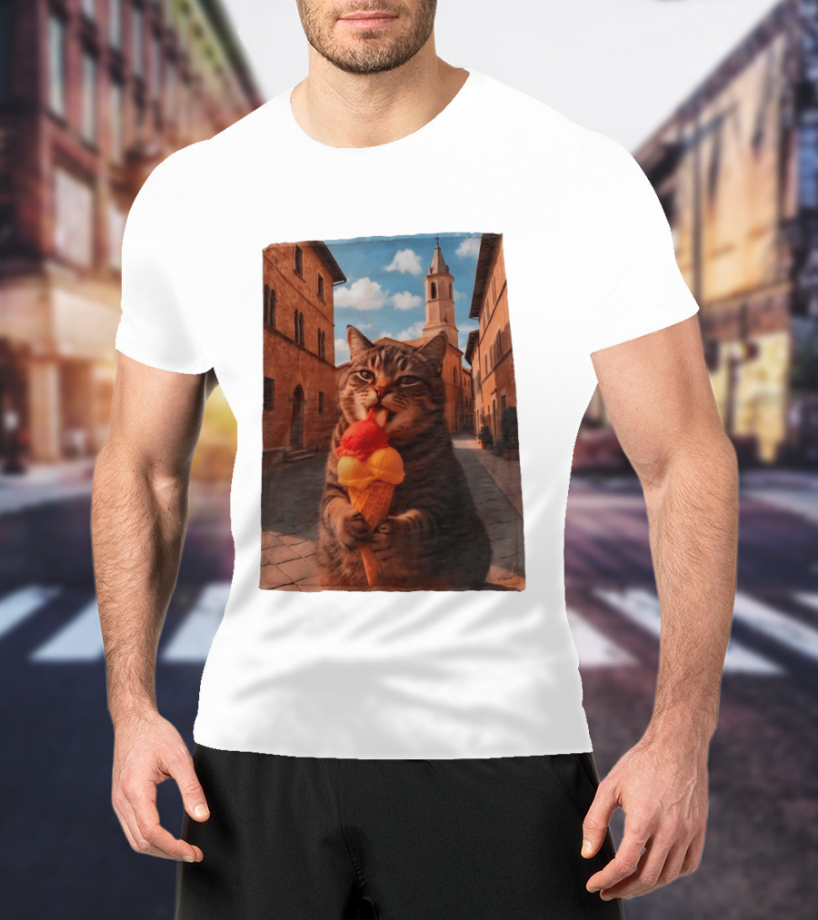 Tabby Cat Eating Ice Cream Cone In Italian Village Street Scene T-Shirt