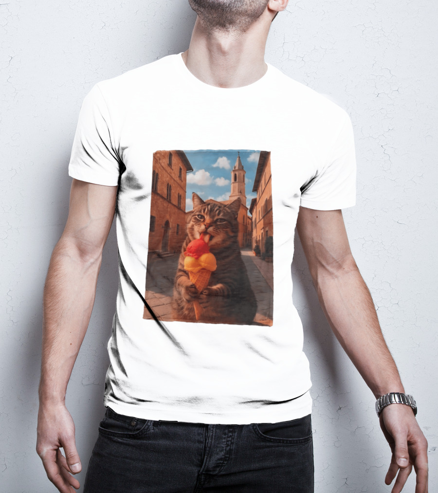 Tabby Cat Eating Ice Cream Cone In Italian Village Street Scene T-Shirt