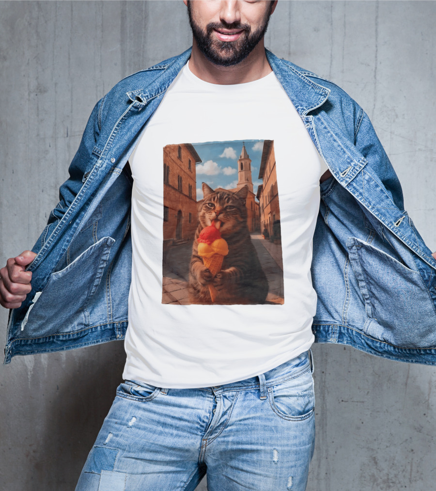 Tabby Cat Eating Ice Cream Cone In Italian Village Street Scene T-Shirt