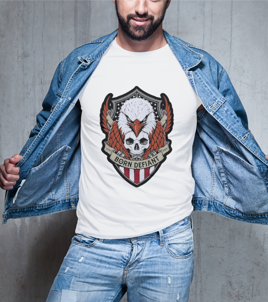 Born Defiant Eagle Skull American Flag Shield 1776 2026 T-Shirt