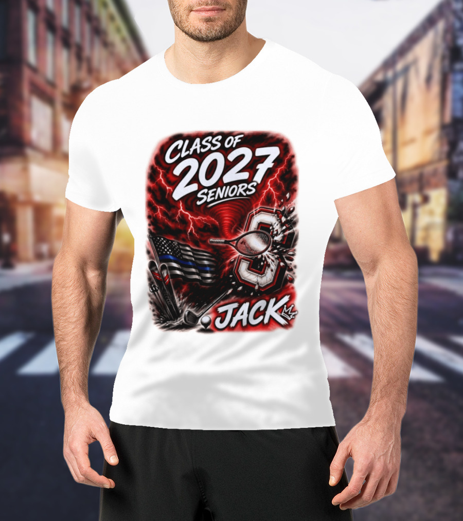 Class Of 2027 Seniors Jack Black Flag Lightning Tennis Football T-Shirt