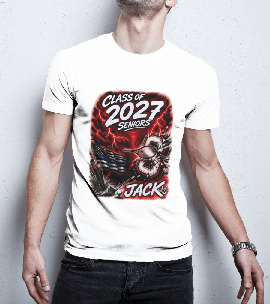 Class Of 2027 Seniors Jack Black Flag Lightning Tennis Football T-Shirt