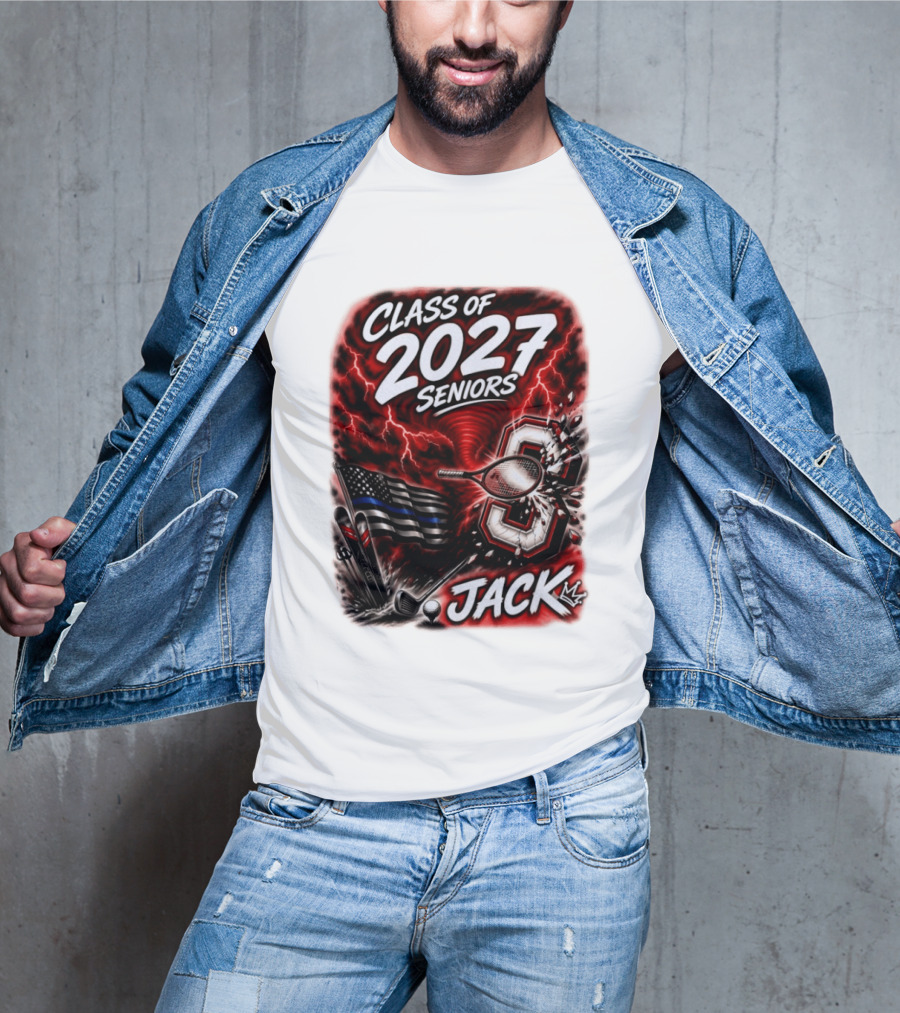 Class Of 2027 Seniors Jack Black Flag Lightning Tennis Football T-Shirt