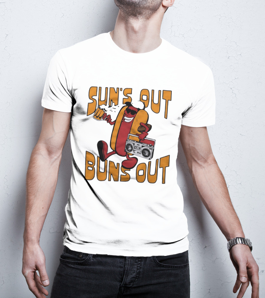 Sun's Out Buns Out Hot Dog With Sunglasses Holding Beer And Boombox T-Shirt
