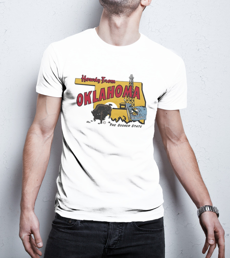 Howdy From Oklahoma The Sooner State Bison With Oil Derrick And Flag T-Shirt