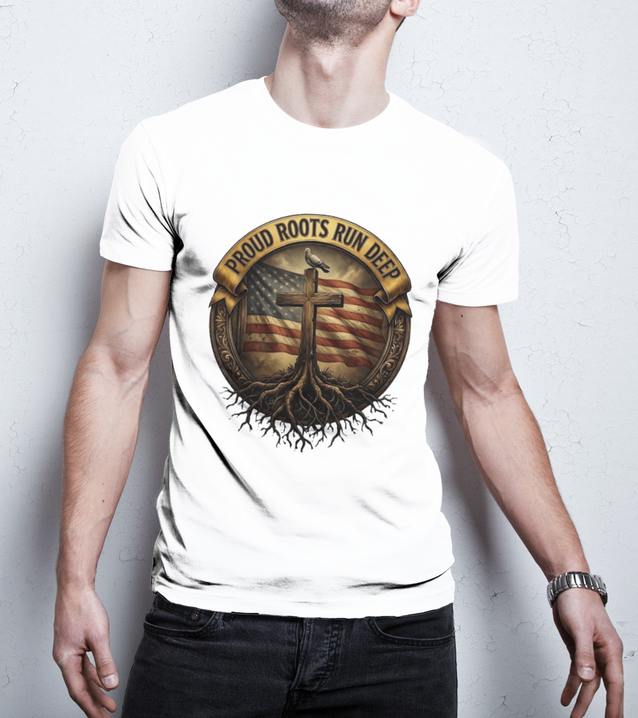 Proud Roots Run Deep Cross Dove American Flag Roots T-Shirt
