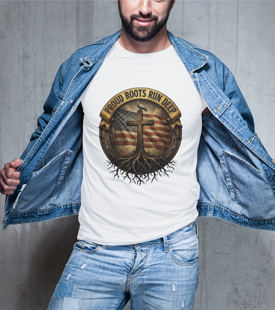 Proud Roots Run Deep Cross Dove American Flag Roots T-Shirt