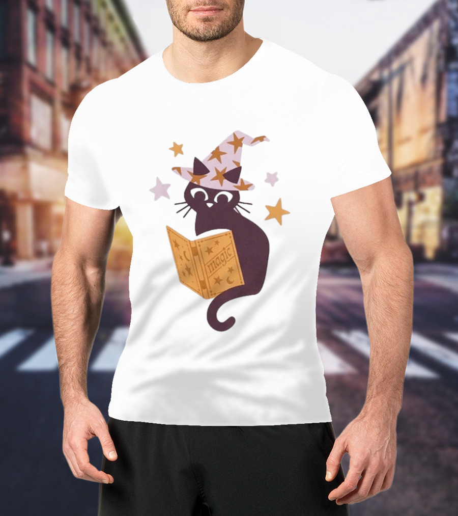 Magic Cat In Witch Hat Reading Spell Book With Stars T-Shirt