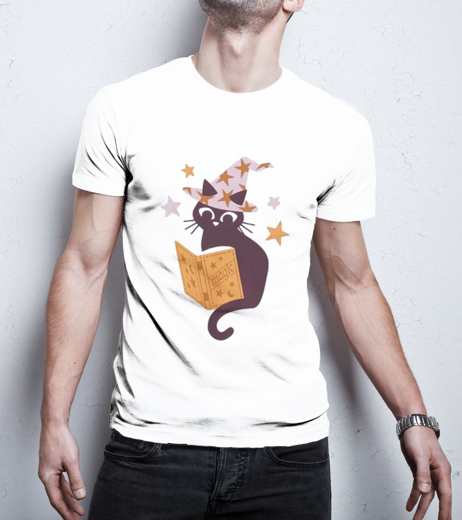 Magic Cat In Witch Hat Reading Spell Book With Stars T-Shirt