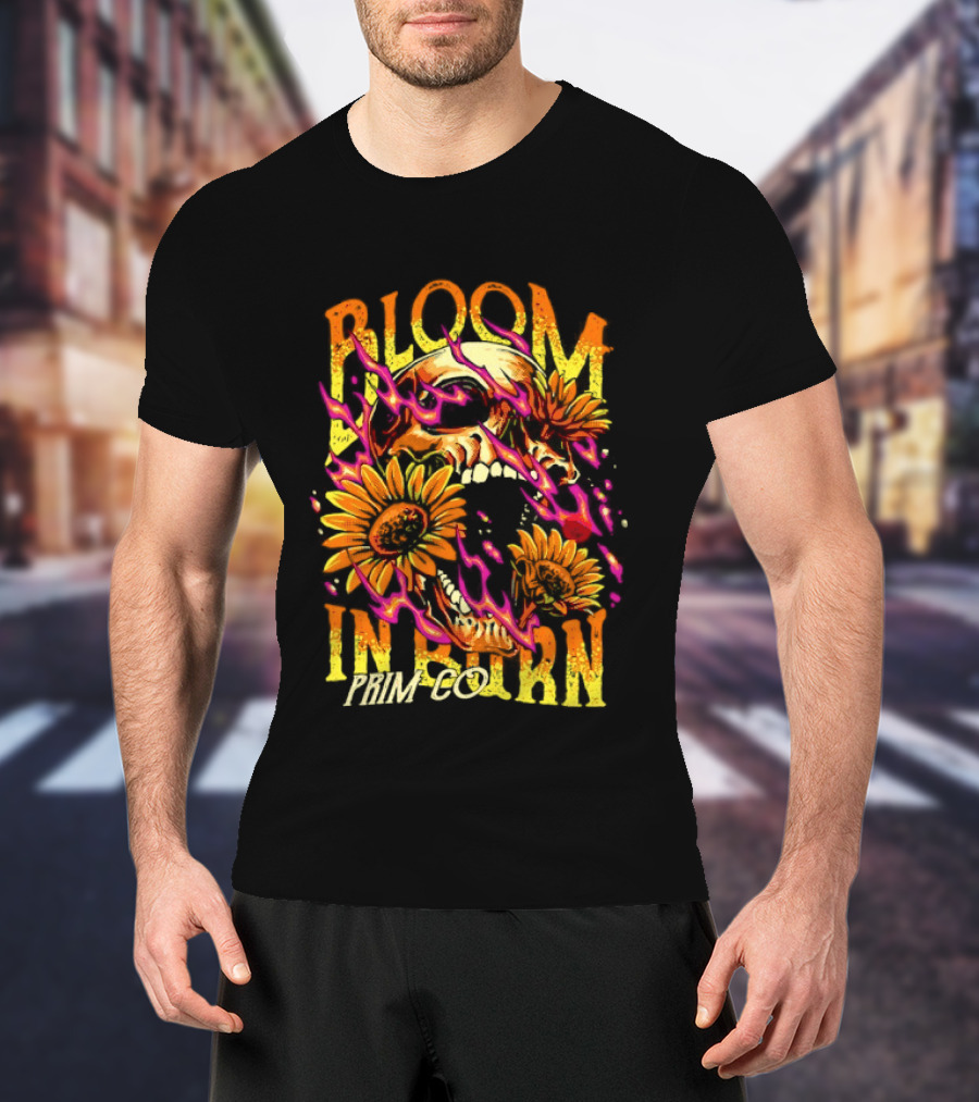 Bloom In Burn Prim Co Skull And Sunflowers T-Shirt