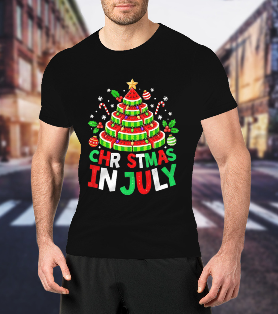 Christmas In July Watermelon Tree With String Lights And Candy Canes T-Shirt