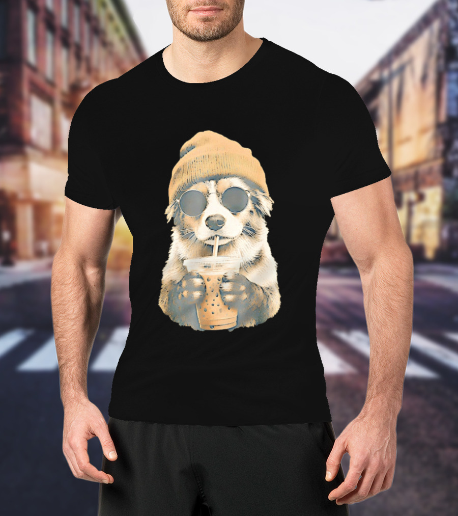 Cozy Dog In Beanie And Sunglasses Enjoying Iced Boba Tea T-Shirt