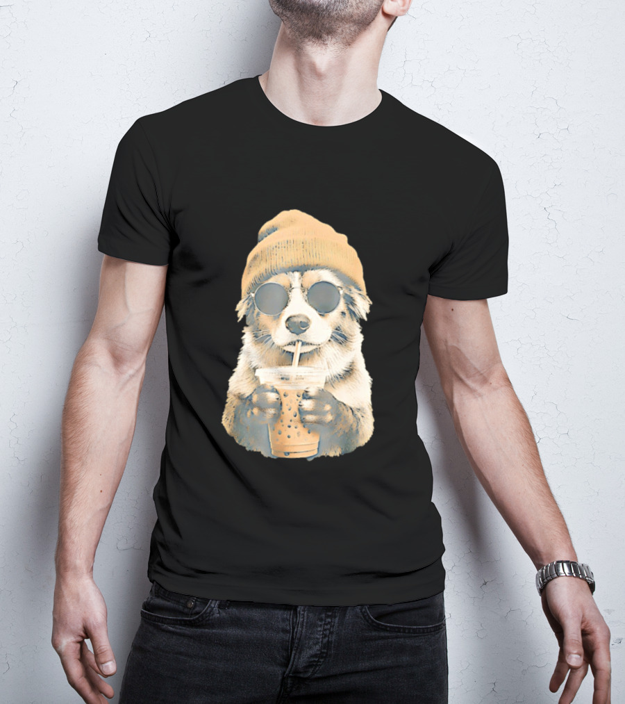Cozy Dog In Beanie And Sunglasses Enjoying Iced Boba Tea T-Shirt