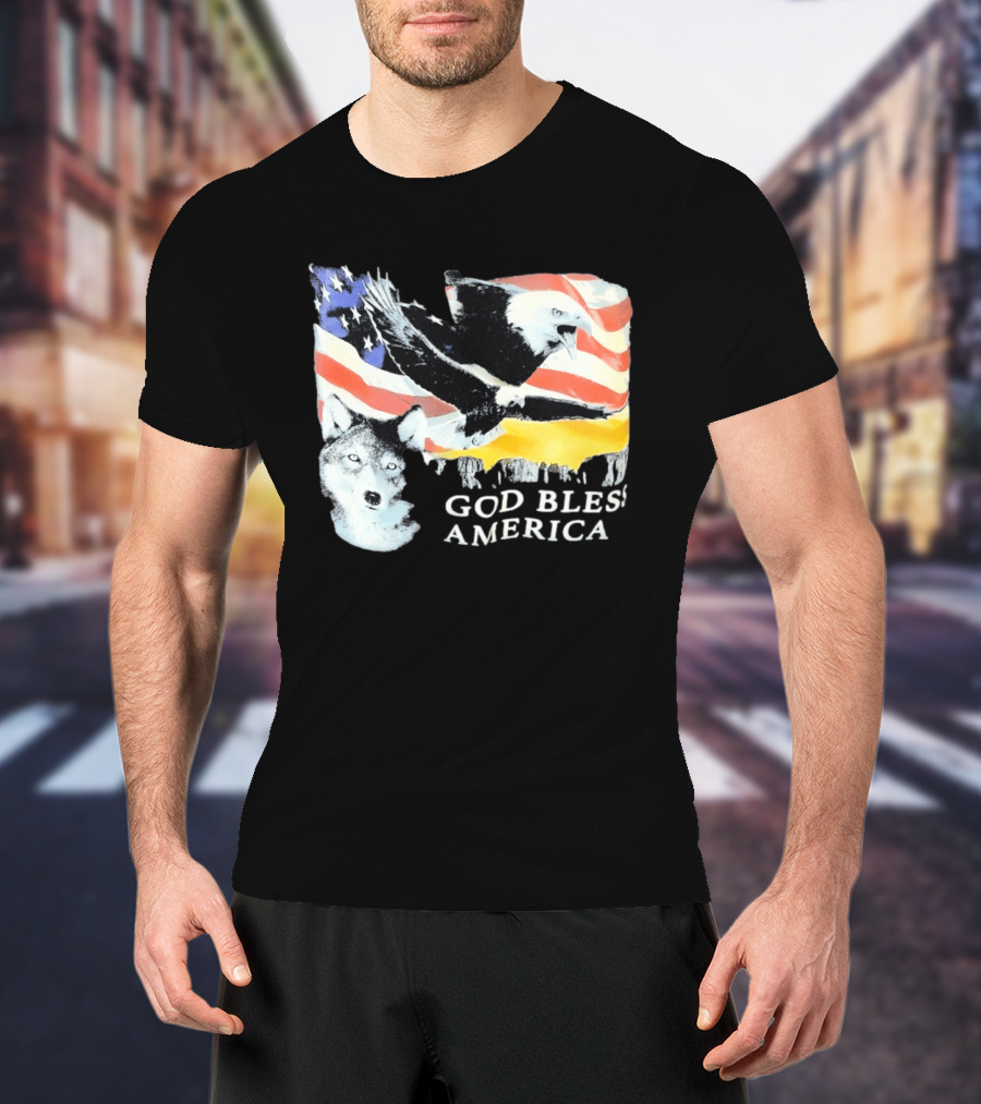 God Bless America Bald Eagle Wolf And American Flag Patriotic T-Shirt