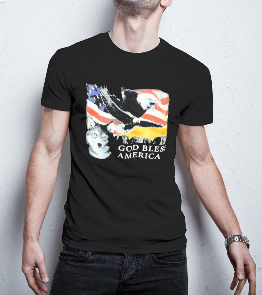 God Bless America Bald Eagle Wolf And American Flag Patriotic T-Shirt