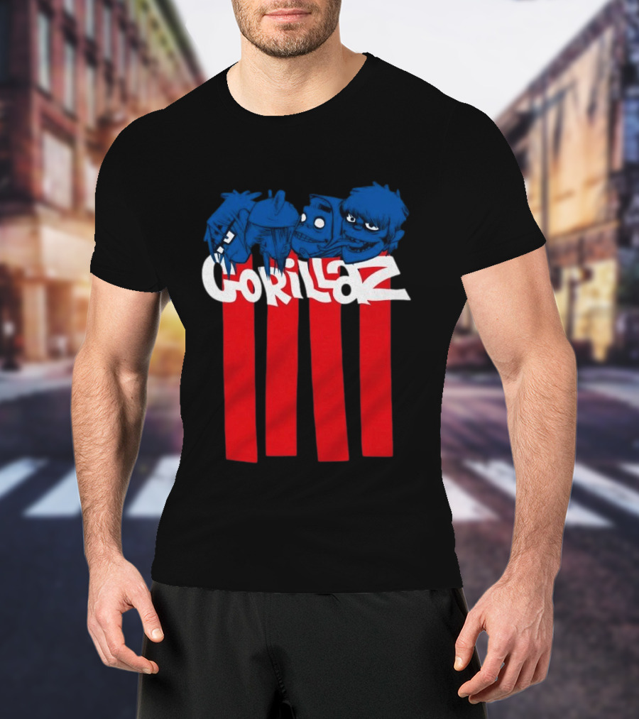 GORILLAZ Pez Heads Characters Red Stripes T-Shirt