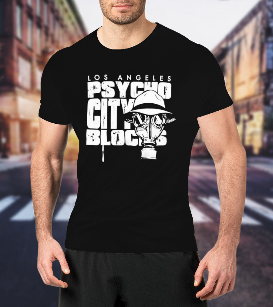 Los Angeles Psycho City Blocks Gas Mask Helmet Bold Lettering T-Shirt