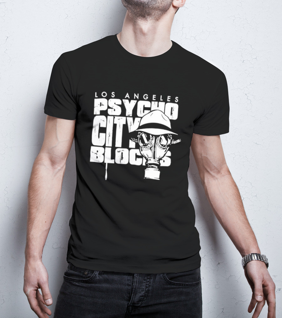 Los Angeles Psycho City Blocks Gas Mask Helmet Bold Lettering T-Shirt