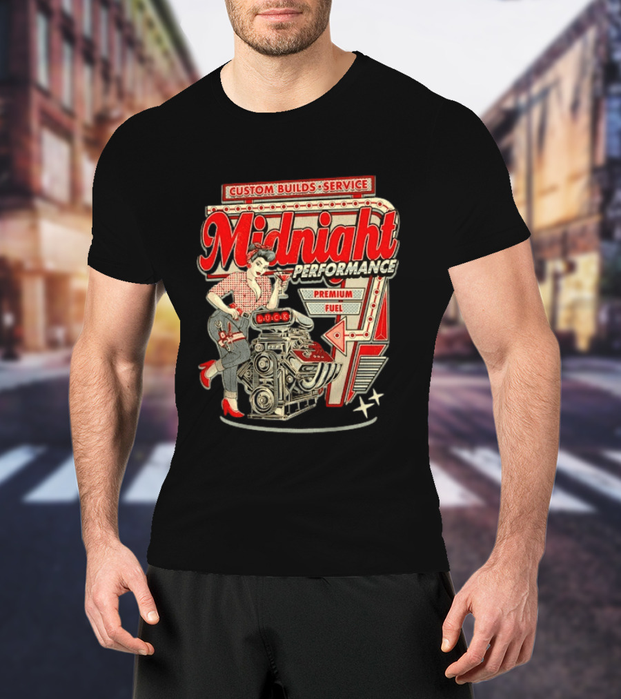 Midnight Performance Custom Builds Service Premium Fuel Retro Pin Up T-Shirt