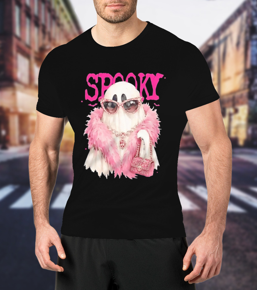 Spooky Glamorous Ghost With Pink Fur And Sunglasses T-Shirt