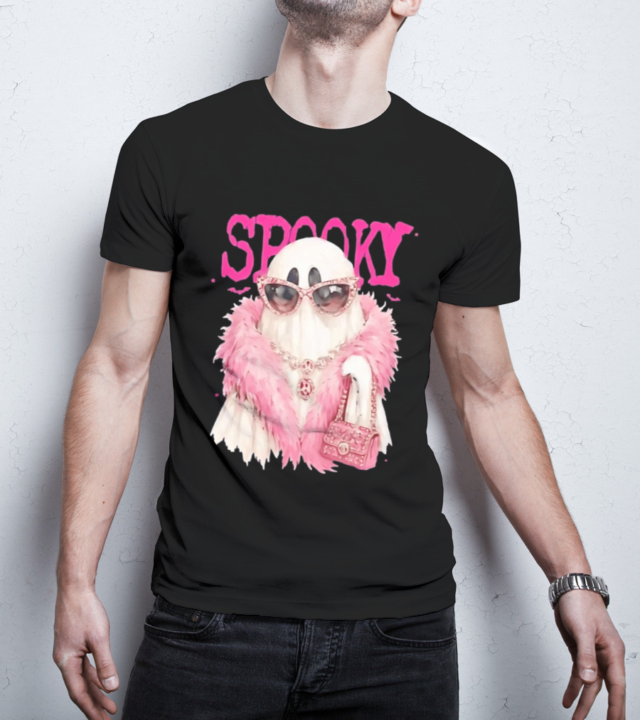 Spooky Glamorous Ghost With Pink Fur And Sunglasses T-Shirt