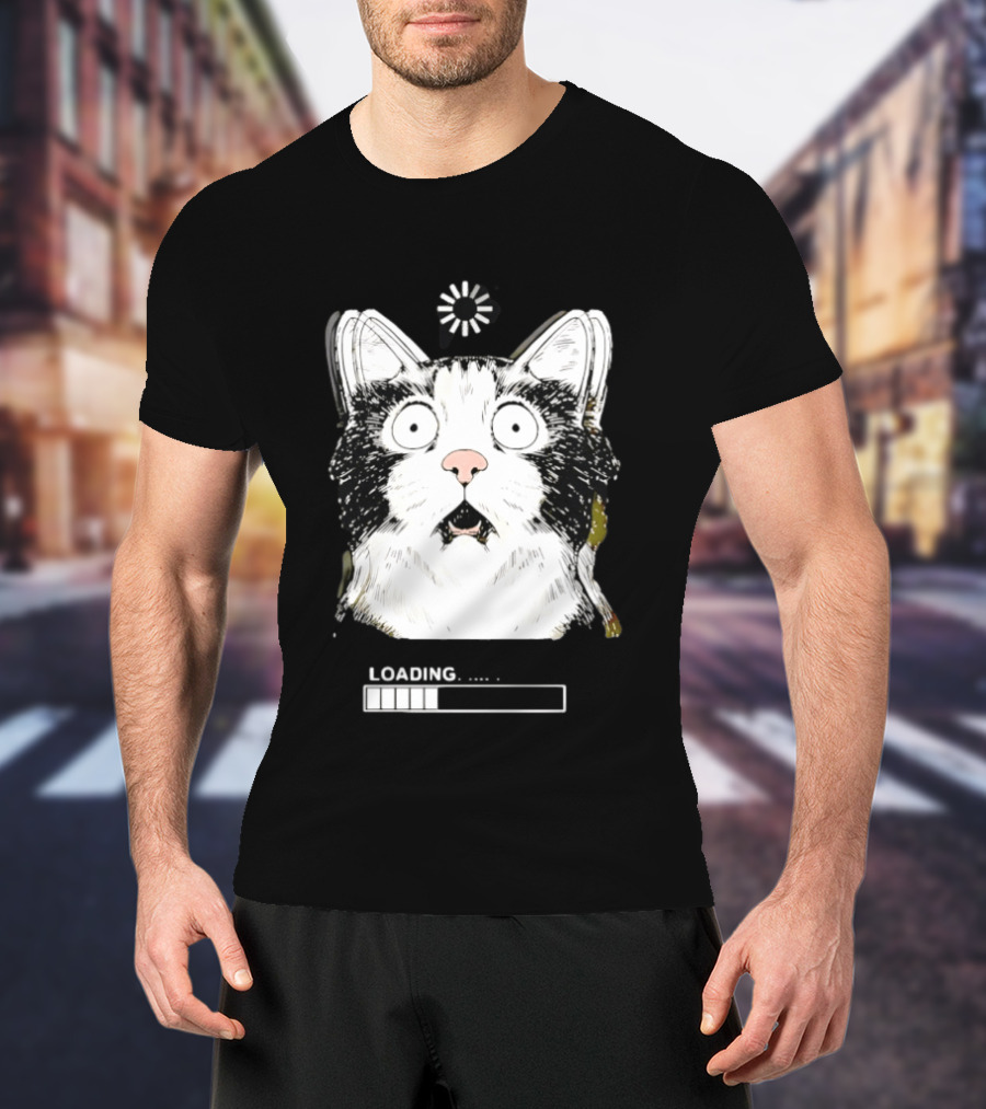 Startled Tuxedo Cat Staring Wide Eyed Beside Loading Progress Bar Meme T-Shirt