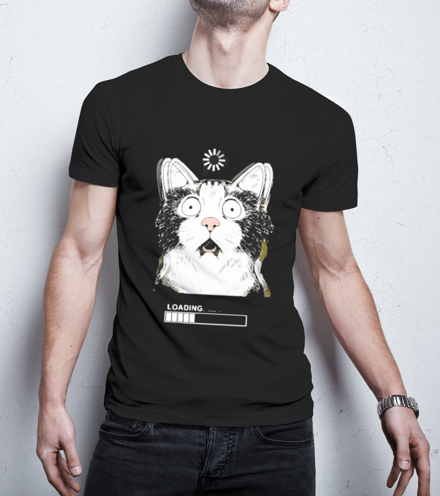 Startled Tuxedo Cat Staring Wide Eyed Beside Loading Progress Bar Meme T-Shirt