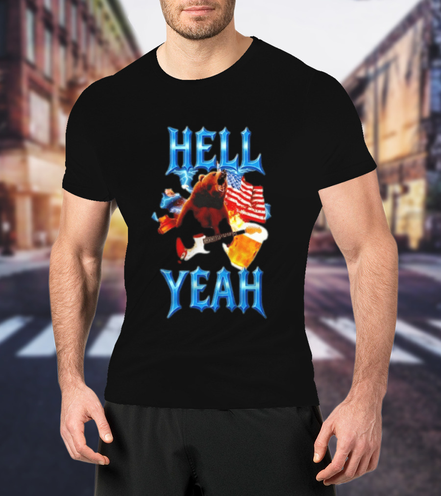 Hell Yeah Bear American Flag Guitar Beer Celebration T-Shirt