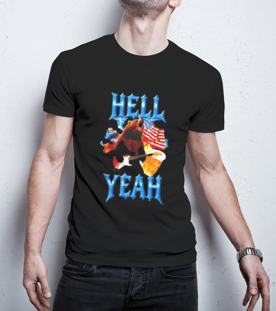 Hell Yeah Bear American Flag Guitar Beer Celebration T-Shirt