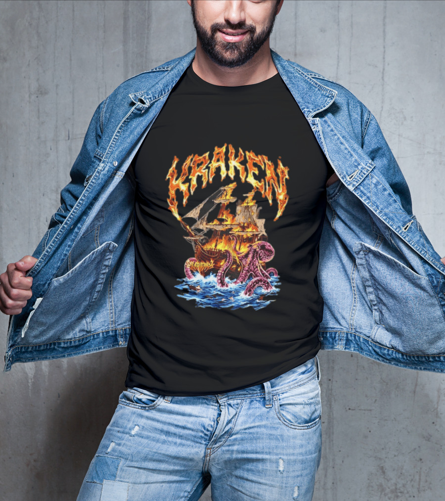Kraken Nautical Myths Burning Ship Octopus Attack T-Shirt