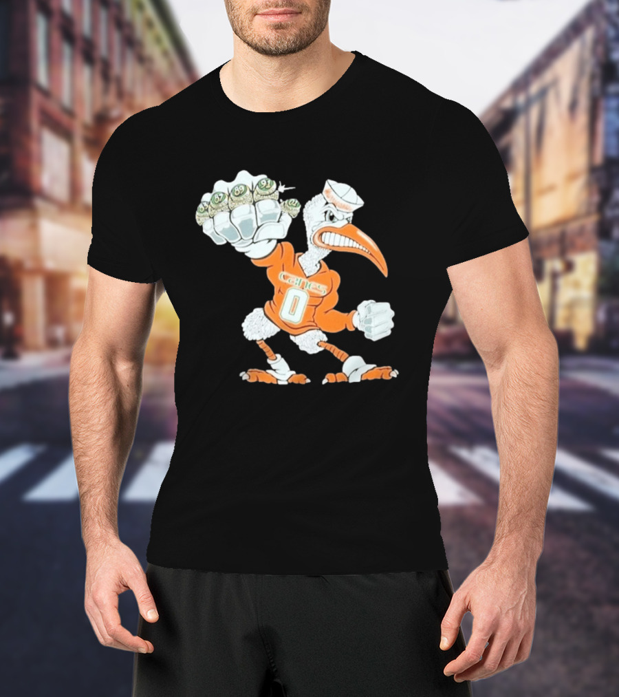 Miami Hurricanes Sebastian The Ibis 5 Rings Champs 1983 1987 1989 1991 2001 T-Shirt