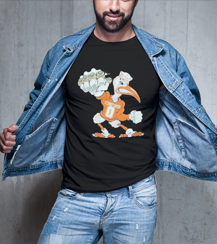 Miami Hurricanes Sebastian The Ibis 5 Rings Champs 1983 1987 1989 1991 2001 T-Shirt