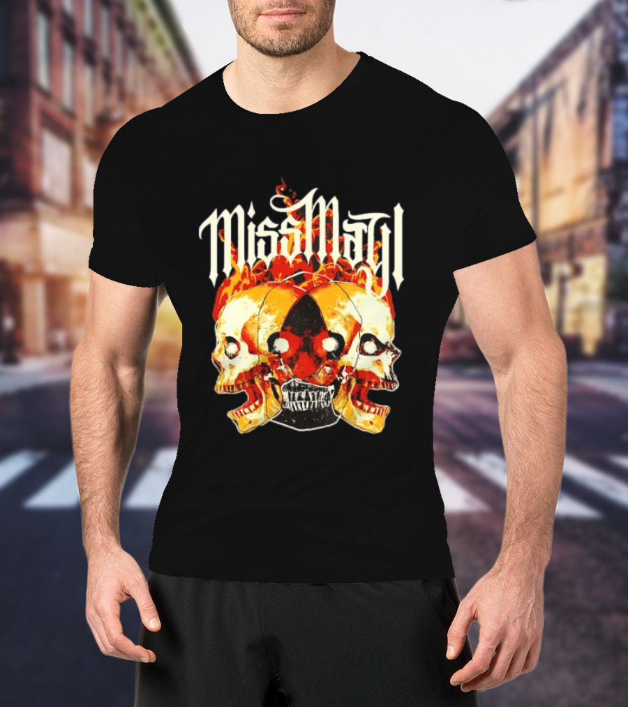 Miss May I Skulls And Fire Metalcore Band Triple Skull Flames T-Shirt