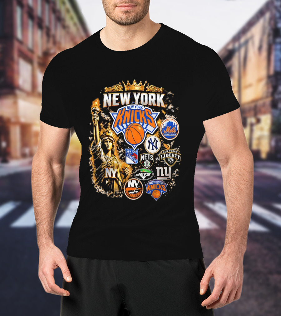 New York Knicks Mets Yankees Rangers Nets Liberty Jets Giants Islanders Westchester Knicks Statue Of Liberty T-Shirt