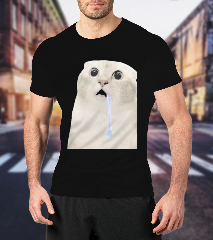 Wide Eyed Drooling Cat Meme Humor T-Shirt