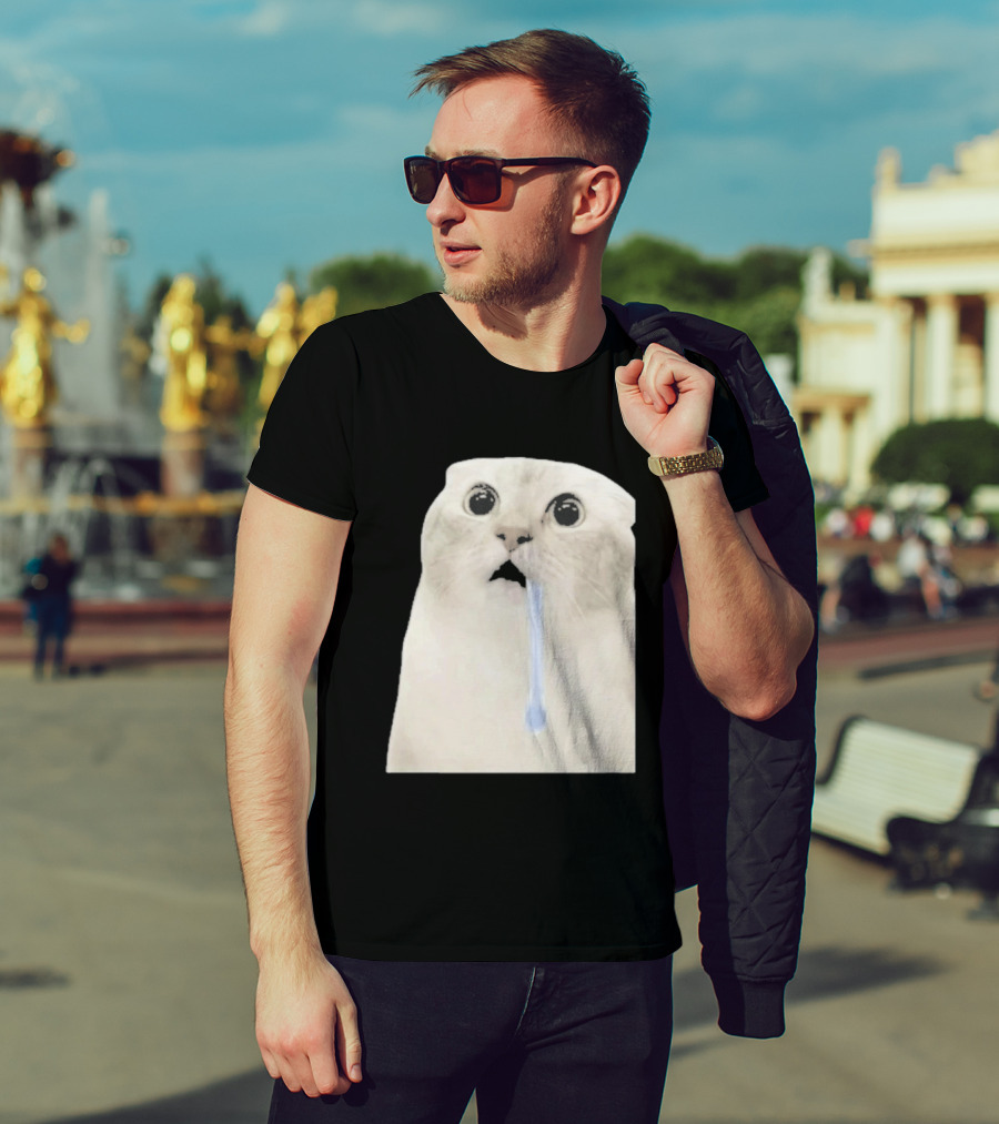 Wide Eyed Drooling Cat Meme Humor T-Shirt