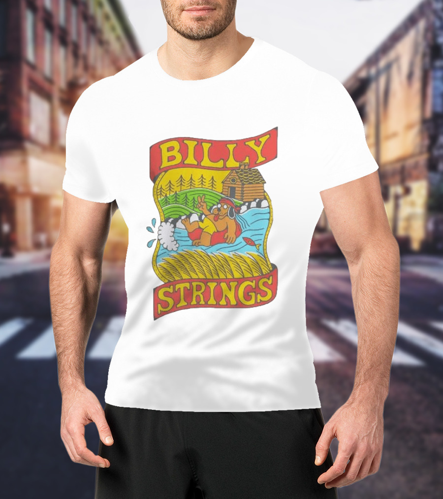 Billy Strings Tubing Bear Cabin Scene With Trees And Fish T-Shirt