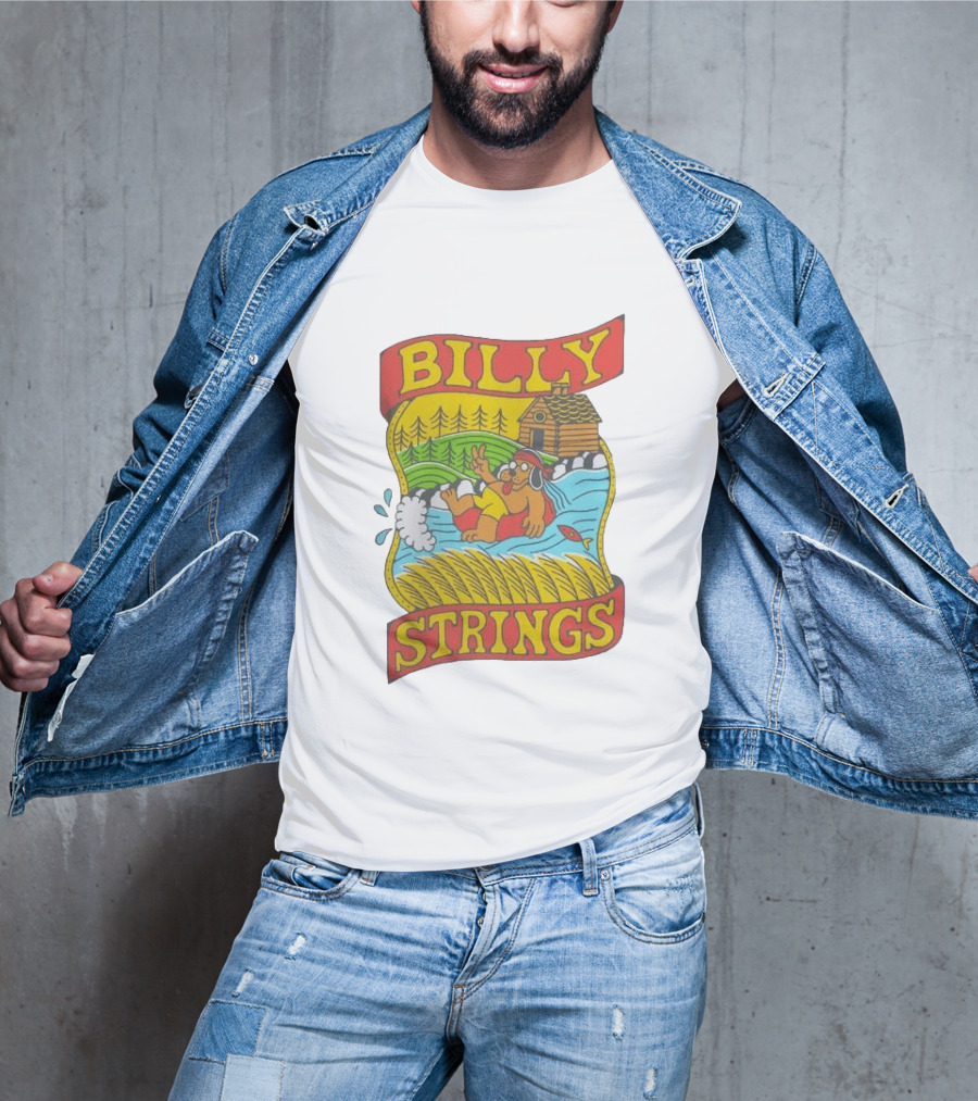 Billy Strings Tubing Bear Cabin Scene With Trees And Fish T-Shirt