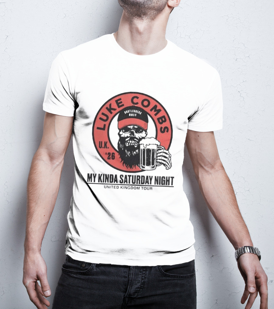 Luke Combs My Kinda Saturday Night UK Tour 2026 Pop Up Skeleton Holding Beer T-Shirt