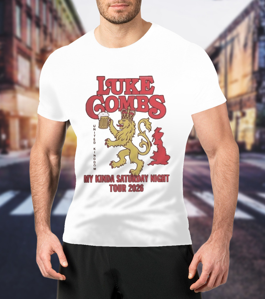 Luke Combs United Kingdom My Kinda Saturday Night Tour 2026 Lion Holding Beer T-Shirt