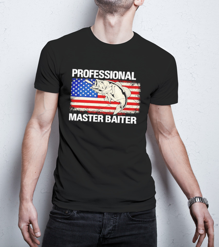 Professional Master Baiter Distressed American Flag Fishing USA Flag T-Shirt
