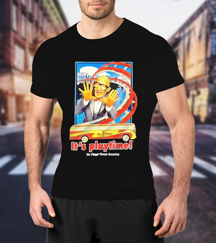 Six Flags Great America Mr. Six It's Playtime Roller And Bus Adventure T-Shirt