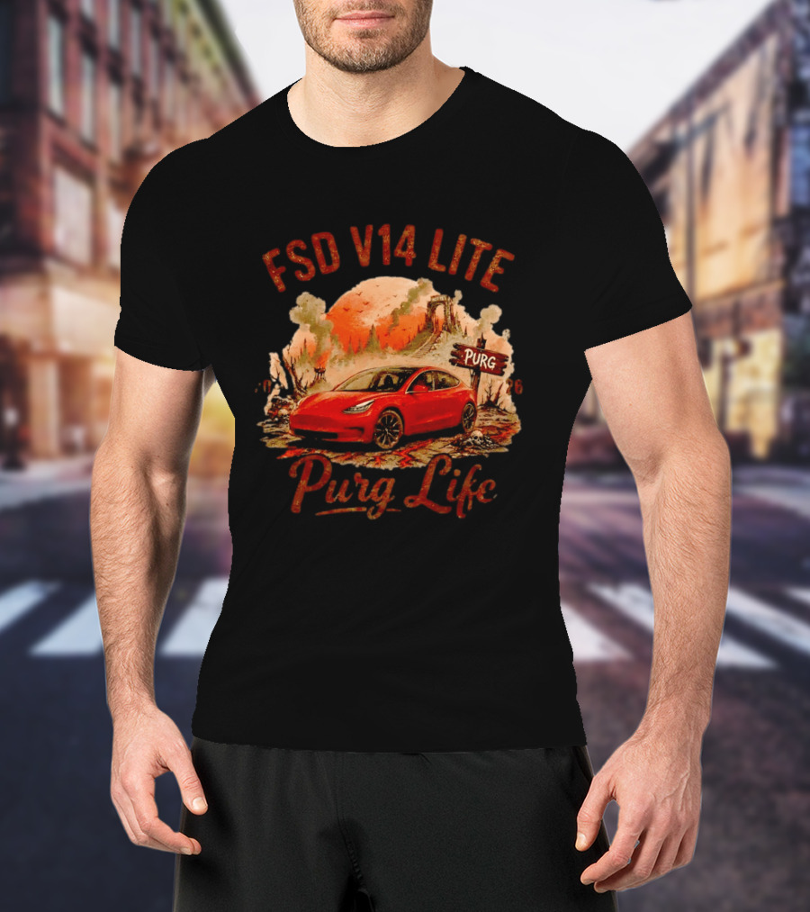 FSD V14 Lite Purg Life Tesla Car Adventure Distressed T-Shirt