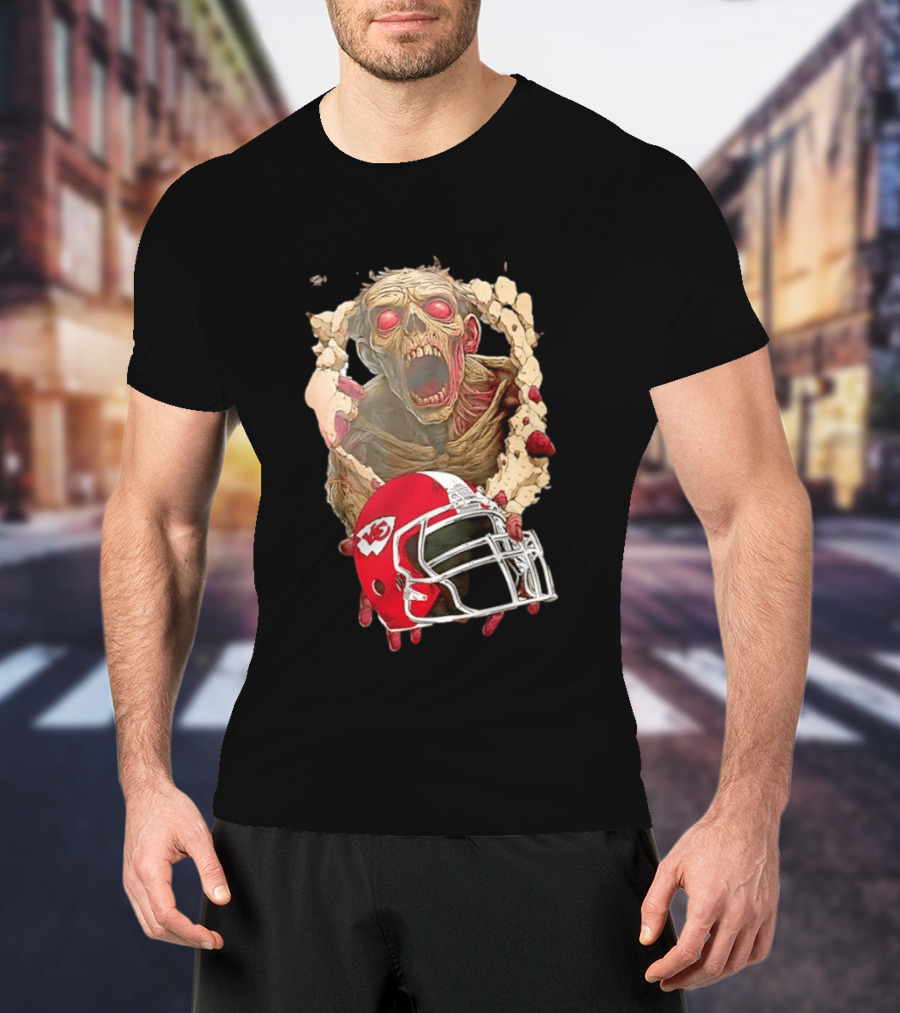 Zombie Kansas City Chiefs Helmet Halloween Scary Football Fan Spirit T-Shirt