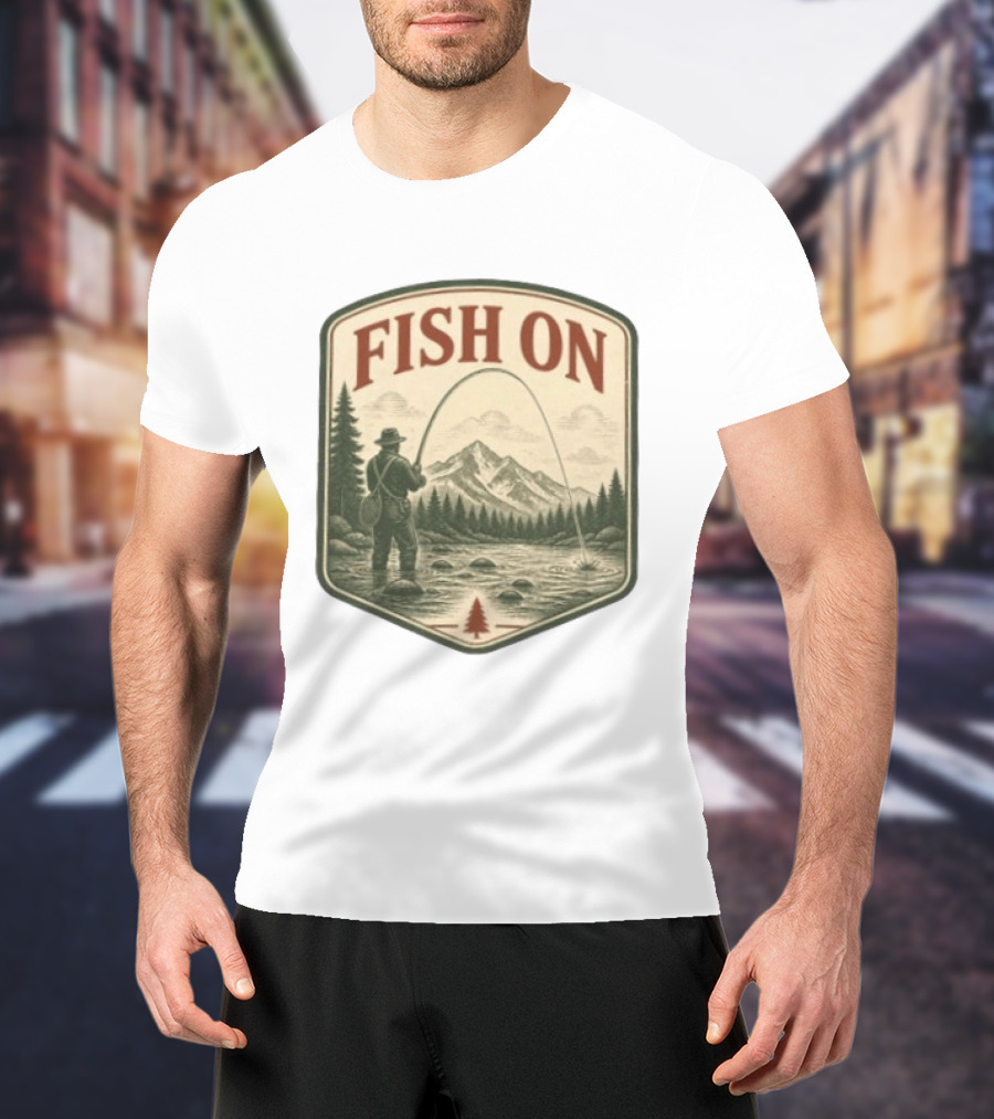 Fish On Fly Fishing Fisherman Mountain Landscape Adventure T-Shirt