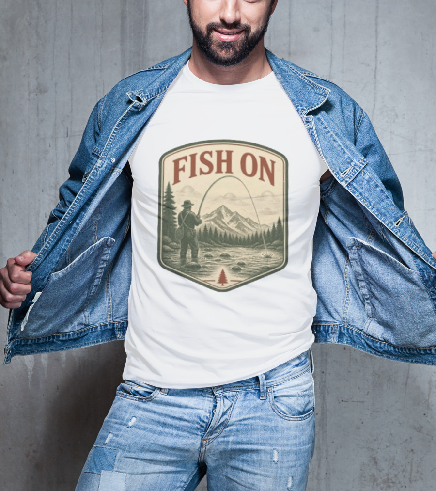 Fish On Fly Fishing Fisherman Mountain Landscape Adventure T-Shirt