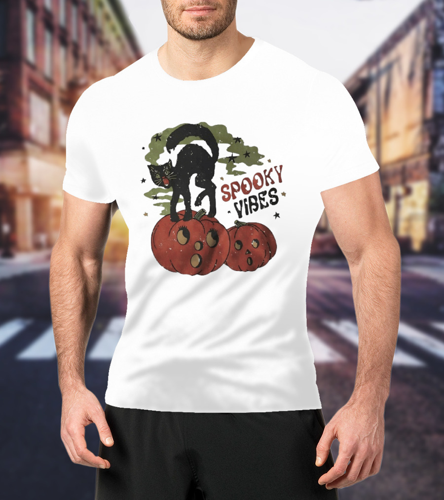 Spooky Vibes Black Cat Pumpkins Halloween Cartoon Stars T-Shirt