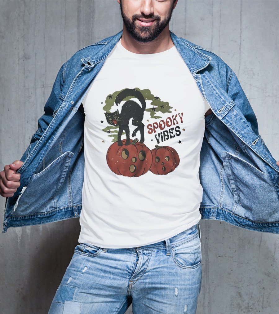 Spooky Vibes Black Cat Pumpkins Halloween Cartoon Stars T-Shirt